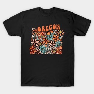 Oregon State Design | Artist Designed Illustration Featuring Oregon State Filled With Retro Flowers with Retro Hand-Lettering T-Shirt